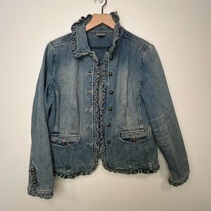 J.Jill Ruffle Trim Denim Jacket Blue Jean Style Size S